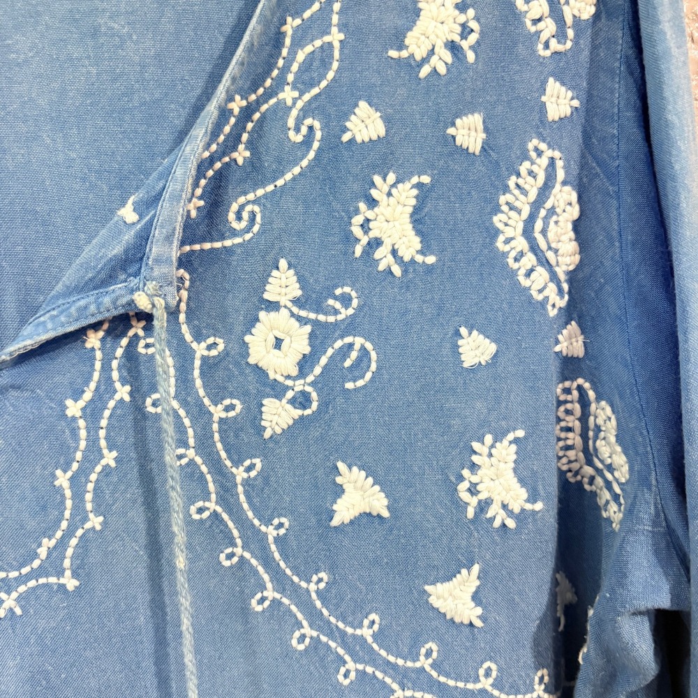 Boho Embroidered Peasant Top Blue Tassel V-Neck Peplum Blouse Size L - Picture 4 of 10